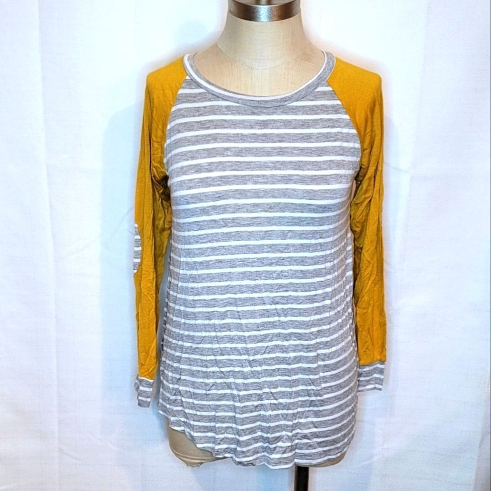 Auditions Mustard Yellow Gray Striped Raglan Top Elbow Patches Size Small